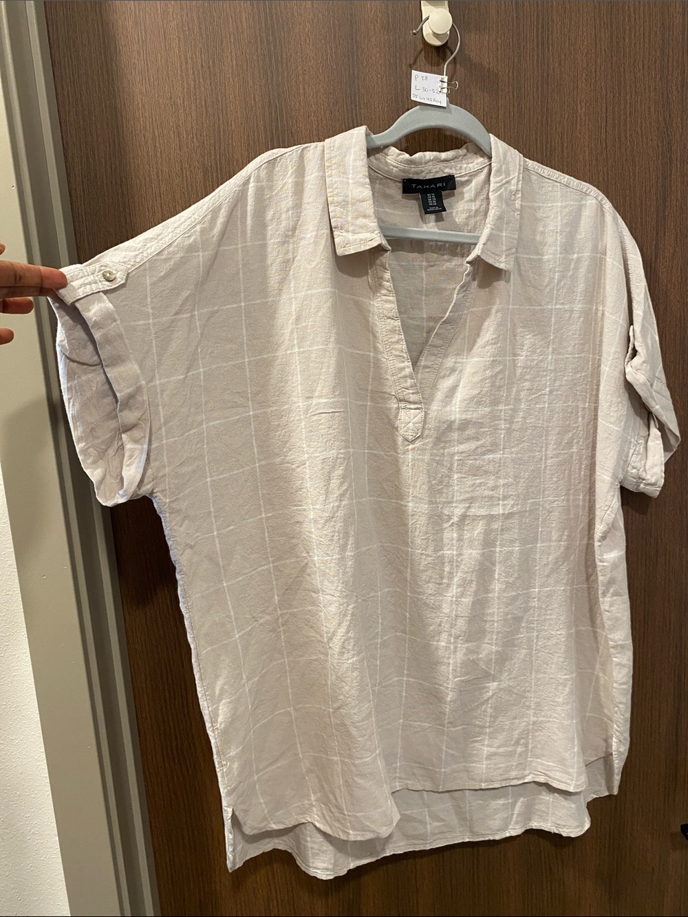 TAHARI Tan Windowpane Linen Blend Button Up-Shirt